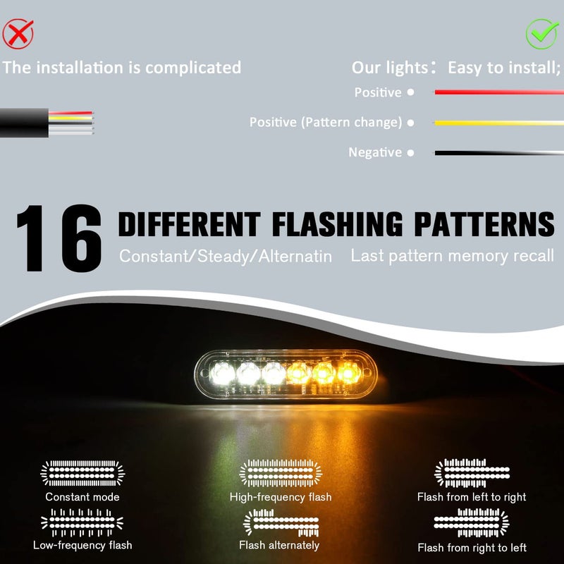 DIBMS LED Emergency Strobe Lights, 8X Amber White 6 LED Strobe Warning Emergency Flashing Light Caution Construction Hazard Light Bar for Car Truck Van Off Road Vehicle ATV SUV Surface Mount - Image 5